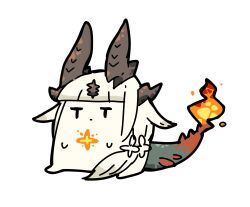 1girl animal animalization arknights dog-san dragon_bubble_(arknights) fire flame-tipped_tail full_body highres horns reed_(arknights) reed_the_flame_shadow_(arknights) sitting t_t tail wide-eyed