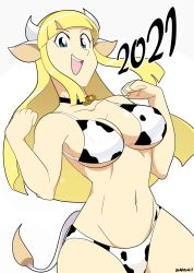 Rule 34 | 1girl, 2021, 20s, animal ears, animal print, bell, bikini, blonde hair, blue eyes, breasts, chinese zodiac, cleavage, collar, collarbone, covered erect nipples, cow ears, cow girl, cow horns, cow print, cow print bikini, cow tail, cowbell, dangerking11, emilia (tales of autra), fake animal ears, fake horns, fake tail, happy new year, horns, large breasts, long hair, looking at viewer, navel, neck bell, new year, open mouth, original, print bikini, smile, solo, swimsuit, tail, tales of autra: shrink adventures, teeth, underboob, white background, white bikini, year of the ox