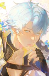 Rule 34 | 1boy, antenna hair, armor, black choker, black gloves, black shirt, blue eyes, choker, coat, collarbone, commentary, english commentary, fingerless gloves, gloves, highres, honkai: star rail, honkai (series), looking at viewer, male focus, mchii0, neck tattoo, open mouth, parted bangs, pauldrons, phainon (honkai: star rail), shirt, short hair, shoulder armor, single glove, single pauldron, solo, tattoo, white coat, white hair