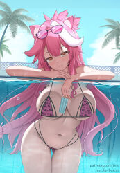 1girl animal_ears bare_shoulders bikini blue_sky blush breasts closed_mouth cloud cloudy_sky day food highres holding holding_food holding_popsicle hololive hololive_english huge_breasts joko_jmc leopard_print_bikini long_hair looking_at_viewer multicolored_hair navel outdoors panther_ears panther_girl pink_bikini pink_hair popsicle raora_panthera sky smile solo stomach streaked_hair swimsuit thighs two-tone_hair virtual_youtuber yellow_eyes