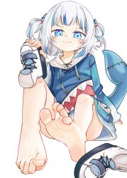 1girl barefoot blue_eyes blue_hair blue_hoodie chaosexceed closed_mouth feet fins fish_tail gawr_gura gawr_gura_(1st_costume) hair_ornament highres holding holding_shoes hololive hololive_english hood hoodie looking_at_viewer multicolored_hair shark_girl shark_hair_ornament shark_tail shoes simple_background sitting soles solo streaked_hair tail toes two_side_up unworn_shoes virtual_youtuber white_background white_hair white_shoes