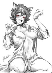 1girl :d absurdres animal_ear_fluff animal_ears breasts breasts_apart cat_ears cat_girl choker collarbone commentary double-parted_bangs english_commentary fang greyscale hands_up hatching_(texture) highres kemonomimi_mode kin_(senukin) large_breasts linea_alba looking_at_viewer mole mole_under_eye monochrome navel open_clothes open_mouth open_shirt original partially_unbuttoned paw_pose red_eyes senukin shirt short_hair signature simple_background sitting sleeves_rolled_up smile solo spot_color white_background wristband