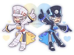 2boys ascot black_footwear black_gloves black_hat blue_ascot brothers deformed emmet_(pokemon) emmet_(sygna_suit)_(pokemon) full_body gloves grey_eyes grey_hair hat heart ingo_(pokemon) ingo_(sygna_suit)_(pokemon) male_focus multiple_boys nintendo official_alternate_costume one_eye_closed pokemon pokemon_masters_ex siblings sideburns theoddbun twins white_footwear white_gloves white_hat yellow_ascot