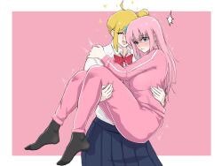 Rule 34 | 2girls, ^^^, ahoge, black socks, blonde hair, blue eyes, blue skirt, blush, bocchi the rock!, bow, bowtie, carrying, clenched teeth, closed eyes, collared shirt, cube hair ornament, detached ahoge, gotoh hitori, hair ornament, highres, hug, ijichi nijika, inuitakumi49, jacket, multiple girls, one side up, open mouth, pants, pink background, pink hair, pink jacket, pink pants, pleated skirt, princess carry, red bow, red bowtie, shaded face, shirt, skirt, smile, socks, sparkle, teeth, track jacket, track suit, twitching, two-tone background, white background, white shirt, yuri