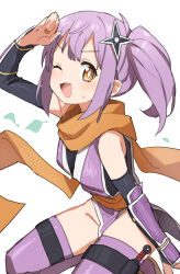 1girl bare_shoulders brown_eyes detached_sleeves gauntlets gazacy_(dai) highres japanese_clothes kimono kneeling kunai kusagakure_satoko leaf long_hair looking_at_viewer ninja ninja_to_koroshiya_no_futarigurashi one_eye_closed orange_scarf purple_hair purple_kimono purple_thighhighs scarf short_kimono shuriken_hair_ornament side_ponytail simple_background sleeveless sweatdrop thighhighs weapon white_background