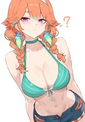 1girl ? absurdres bare_shoulders bikini blue_feathers blue_shorts bluefield blush braid breasts choker closed_mouth collarbone colored_tips earrings feather_earrings feathers front-tie_bikini_top front-tie_top gradient_feathers green_bikini green_choker green_feathers green_hair hairband highres hololive hololive_english jewelry large_breasts long_hair looking_at_viewer low_twin_braids multicolored_hair navel official_alternate_costume official_alternate_hairstyle open_fly orange_hair pink_eyes shorts simple_background solo stomach streaked_hair striped_bikini striped_clothes swimsuit takanashi_kiara takanashi_kiara_(casual) thighs twin_braids two-tone_feathers two-tone_hair virtual_youtuber white_background white_hairband