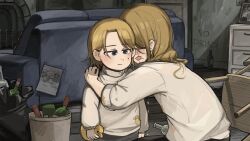 2girls aged_down alcohol bird blonde_hair blue_eyes bottle chair chicken commentary couch diva_(hyxpk) drawer english_commentary expressionless grey_shirt highres hug little_nuns_(diva) long_hair mole mole_on_cheek mole_under_mouth mother_and_daughter multiple_girls photo_(object) rubber_duck shirt short_hair strict_nun&#039;s_mother_(diva) strict_nun_(diva) tears trash_bag trash_can writing_on_wall