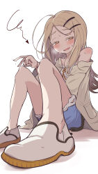 1girl absurdres bare_legs bent_v blonde_hair blush breath camisole cashew_0_dgren denim denim_shorts flipped_hair gakuen_idolmaster grey_hair half-closed_eyes highres idolmaster knees_up looking_at_viewer robe shinosawa_hiro shorts simple_background single_bare_shoulder sitting smile solo sweat v white_background white_camisole white_footwear white_robe