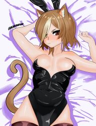 1girl absurdres animal_ears black_thighhighs blush borrowed_character breasts brown_hair cat_ears cat_tail heterochromia highres kinkandink latex latex_leotard leotard mao_(adramallih) on_bed playboy_bunny serious short_hair small_breasts tail thick_thighs thighhighs thighs
