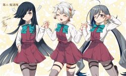 3girls akishimo_(kancolle) aqua_bow aqua_bowtie asymmetrical_bangs asymmetrical_hair black_hair blue-framed_eyewear blush bow bowtie brown_eyes dated dress gradient_background gradient_hair grey_eyes grey_hair grey_pantyhose grey_thighhighs hair_between_eyes hair_ornament hair_over_one_eye hair_ribbon hayashimo_(kancolle) highres hime_cut kanmiya_shinobu kantai_collection kiyoshimo_(kancolle) leaf_hair_ornament long_hair long_sleeves looking_at_viewer low_twintails multicolored_hair multiple_girls open_mouth pantyhose pleated_dress purple_dress ribbon school_uniform seamed_legwear shirt short_hair short_hair_with_long_locks side-seamed_legwear signature smile thighhighs twintails very_long_hair white_ribbon white_shirt yellow_background