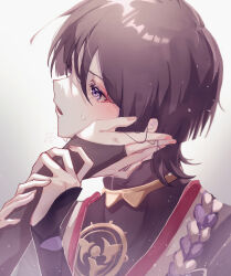 Rule 34 | 1boy, absurdres, armor, black bodysuit, black bridal gauntlets, black hair, black kimono, blunt ends, bodysuit, bridal gauntlets, crying, crying with eyes open, eyelashes, eyeliner, eyeshadow, fingernails, genshin impact, gold, grey background, hand on another&#039;s face, highres, holding another&#039;s wrist, japanese armor, japanese clothes, jewelry, juban, kimono, kote, kurokote, looking to the side, loose hair strand, makeup, mandarin collar, mitsudomoe (shape), mother and son, neck ring, nero hanken, open clothes, open kimono, open mouth, pink nails, portrait, purple eyes, purple rope, raiden shogun, red eyeliner, red eyeshadow, red kimono, rope, scaramouche (genshin impact), shimenawa, tears, teeth, tomoe (symbol), upper teeth only, white kimono, white rope, wispy bangs