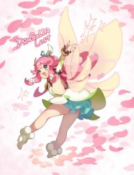1girl :d absurdres blue_eyes detached_sleeves dragalia_lost dress fairy fairy_wings fang flower full_body hair_flower hair_ornament hanamori_mito highres long_hair looking_at_viewer looking_back notte_(dragalia_lost) open_mouth petals pink_hair pink_petals skin_fang smile solo wings