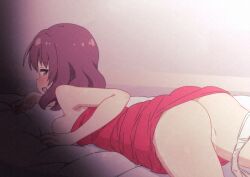 1girl absurdres after_vaginal aftersex ass bed blush breasts cum cum_in_pussy dress highres indoors large_breasts looking_at_viewer looking_back lying medium_hair okaasan_(okaasandx) on_bed on_stomach open_mouth panties panties_around_leg purple_eyes purple_hair red_dress smile solo sugiura_ayano&#039;s_mother underwear white_panties yuru_yuri