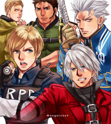 Rule 34 | 5boys, blonde hair, blue eyes, brothers, brown hair, chris redfield, coat, dante (devil may cry), devil may cry, devil may cry (series), devil may cry 3, ethan winters, leon s. kennedy, multiple boys, nagare, red coat, resident evil, resident evil 2, resident evil 5, resident evil village, short hair, siblings, smile, sword, vergil (devil may cry), weapon, white hair