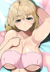 1girl amidori bare_shoulders breasts brown_hair green_eyes haruka_(senran_kagura) large_breasts looking_at_viewer lying on_back senran_kagura sunlight