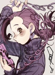 1boy arm_up blush braid brown_eyes cleavage_cutout clothing_cutout corded_phone eyelashes floating_hair freckles from_side grey_background holding holding_phone jojo_no_kimyou_na_bouken long_hair looking_at_viewer male_focus phone pink_hair purple_sweater sen_(aypj8447) solo sweater trap upper_body vinegar_doppio