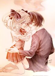 Rule 34 | 1boy, 1girl, aya carmine, bow, cigarette, expressionless, eye contact, formal clothes, greyscale, hair bow, hands on another&#039;s face, highres, hitomi hirosuke (sayonara wo oshiete), kneeling, looking at another, millipen (medium), monochrome, nib pen (medium), open mouth, pen (medium), sayonara wo oshiete, school uniform, sitting, skirt, suit, tamachi mahiru, traditional media, twintails, vest