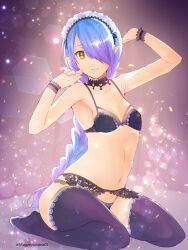 1girl absurdres black_bow black_choker black_panties black_thighhighs blue_hair bow bra braid braided_ponytail breasts choker commentary_request full_body garter_belt garter_straps gradient_hair hair_over_one_eye hexagon highres lace lace-trimmed_bra lace-trimmed_choker lace-trimmed_panties lace-trimmed_thighhighs lace_trim long_hair maid_headdress mugen_no_sudadokei multicolored_hair original panties pointy_ears purple_hair sitting small_breasts solo thighhighs twitter_username underwear very_long_hair wariza wrist_cuffs yellow_eyes