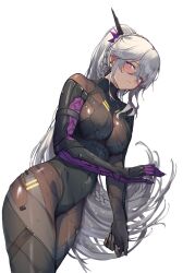 1girl 3_small_spiders black_bodysuit blush bodysuit braid commentary_request dark-skinned_female dark_skin girls&#039;_frontline girls&#039;_frontline_2:_exilium grey_hair highres long_hair nemesis_(girls&#039;_frontline_2) parted_lips purple_eyes simple_background solo wet white_background