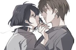 Rule 34 | 1boy, 1girl, black eyes, black hair, brown eyes, brown hair, cigarette, commentary request, from side, grey shirt, habe (under coe), hetero, holding, holding cigarette, jabuchi you, long sleeves, parted lips, saibou shinkyoku, shirt, short hair, simple background, smoke, white background, yanagi nina