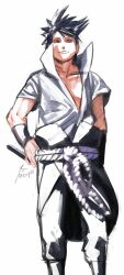 1boy black_hair black_pants closed_mouth grey_shirt heterochromia male_focus naruto_(series) naruto_shippuuden ninja pants red_eyes rinnegan sharingan shirt short_hair simple_background smile solo spiked_hair uchiha_sasuke white_background zifletts
