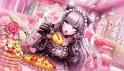 Rule 34 | 1girl, :o, akiba hinagiku, apron, black choker, black dress, black gloves, blunt bangs, choker, dress, earrings, elbow gloves, food, gloves, grey eyes, grey hair, heart, heterochromia, highres, holding, holding spoon, jewelry, long hair, looking at viewer, maid, maid apron, maid headdress, non-web source, official art, omelet, omurice, pancake, pancake stack, pink eyes, pink theme, pov, solo, spoon, teeth, tribe nine, upper teeth only