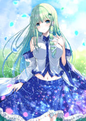 1girl absurdres blue_petals blue_skirt blue_sky blush breasts closed_mouth cloud commentary_request commission day detached_sleeves falling_petals frilled_skirt frills frog_hair_ornament green_eyes green_hair hair_ornament hair_tubes highres kochiya_sanae large_breasts long_hair looking_at_viewer navel petals pixiv_commission single_hair_tube skirt sky smile snake_hair_ornament solo sparkle tomo_(uguisu-tei) touhou very_long_hair