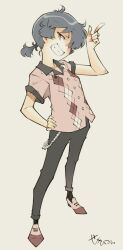 1girl absurdres black_pants black_socks brown_shoes chain full_body grey_hair grin hand_on_own_hip head_tilt highres index_finger_raised loafers looking_at_viewer one_eye_covered original pants pink_shirt ponytail sekihan shirt shoes short_ponytail signature simple_background smile socks solo standing white_background