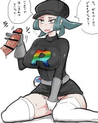 1girl bar_censor black_hat black_shirt blouse blush breasts censored creatures_(company) female_masturbation game_freak great_ball handjob hat large_breasts masturbation nintendo nishikun panties penis poke_ball pokemon pokemon_usum print_shirt shirt solo_focus team_rainbow_rocket_grunt thick_thighs thighhighs thighs translated underwear white_thighhighs