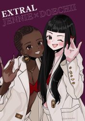2girls artist_name_(singer) black_hair blunt_bangs blush bra braid brown_eyes brown_hair commentary cowboy_shot dark-skinned_female dark_skin doechii earrings fake_nails hashtag-only_commentary highres jacket jennie_(blackpink) jewelry long_hair mole multiple_girls necklace purple_background real_life red_bra red_nails salute samarundao simple_background smile song_name symbol-only_commentary twitter_username underwear white_jacket