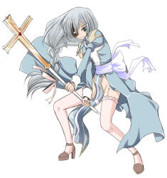 1girl alternate_color arima_natsubon back_bow blue_dress bow braid brown_shoes commentary_request cross crossed_arms dress full_body garter_straps green_eyes grey_hair grin high_heels high_priest_(ragnarok_online) holding holding_staff juliet_sleeves long_hair long_sleeves looking_at_viewer no_panties puffy_sleeves ragnarok_online sash shoes simple_background smile solo staff standing thighhighs two-tone_dress v-shaped_eyebrows very_long_hair white_background white_bow white_dress white_sash white_thighhighs