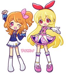 2girls aikatsu!_(series) arm_up blonde_hair blue_jacket blush_stickers brown_hair fukumitsu_(kirarirorustar) full_body gloves hair_between_eyes hoshimiya_ichigo jacket long_hair looking_at_viewer multiple_girls one_eye_closed open_mouth ozora_akari parody pink_shirt pink_skirt puyopuyo red_eyes shirt simple_background skirt socks style_parody translation_request very_long_hair white_background white_gloves white_socks