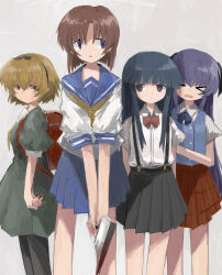 &gt;_&lt; 4girls absurdres backpack bag black_hairband blonde_hair blue_eyes blunt_bangs bow brown_hair dress furude_rika green_dress hairband hairo_(r228n) hanyuu highres higurashi_no_naku_koro_ni holding holding_bag houjou_satoko long_hair multiple_girls nata_(tool) open_mouth purple_hair randoseru red_bow ryuuguu_rena school_uniform short_hair short_sleeves skirt suspender_skirt suspenders