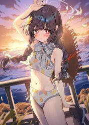 1girl arm_up bikini blue_archive blush braid bright_pupils closed_mouth cloud cloudy_sky commentary_request grey_halo halo hat hat_on_back highres holding holding_sandals leaf leaf_on_head leaf_print long_hair looking_at_viewer low_twin_braids miyu_(blue_archive) miyu_(swimsuit)_(blue_archive) navel ocean official_alternate_costume outdoors print_bikini red_eyes sandals sky solo straw_hat sunset swimsuit thighs twin_braids unworn_sandals white_bikini white_pupils yampa