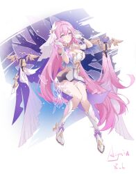 1girl absurdly_long_hair absurdres again_(depr4447) asymmetrical_gloves bare_shoulders bell boots breasts cleavage commentary_request dated diamond-shaped_pupils diamond_(shape) elysia_(herrscher_of_human:_ego)_(honkai_impact) elysia_(honkai_impact) full_body gloves hair_ornament hand_up hands_up highres honkai_(series) honkai_impact_3rd knee_boots large_breasts leotard long_hair looking_at_viewer pink_hair purple_eyes purple_shorts shorts signature smile solo symbol-shaped_pupils thighs triquetra uneven_gloves veil very_long_hair white_boots white_gloves white_leotard white_veil