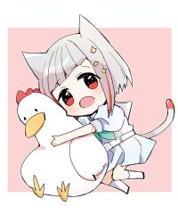 1girl :o animal_ears aqua_neckerchief blue_dress border cat_ears cat_girl cat_tail chibi commentary diagonal_bangs dress grey_hair hair_ornament highres hugging_doll hugging_object kanduki_kamibukuro kemonomimi_mode link!_like!_love_live! looking_at_viewer love_live! medium_dress multicolored_hair neckerchief peking_duck_(love_live!) pink_background pleated_dress puffy_short_sleeves puffy_sleeves red_eyes red_hair sailor_collar sailor_dress short_hair short_sleeves simple_background socks star_(symbol) star_hair_ornament streaked_hair stuffed_animal stuffed_bird stuffed_chicken stuffed_toy summer_uniform tail virtual_youtuber white_border white_sailor_collar white_socks yugiri_tsuzuri