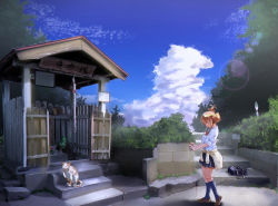1girl bag blue_legwear blue_sky blush bow bowtie breasts brown_hair bush cat closed_mouth clothes_around_waist cloud commentary_request day folded_ponytail full_body highres jacket jacket_around_waist lens_flare looking_at_animal medium_breasts medium_hair original outdoors red_bow red_bowtie reihou19 rural school_bag school_uniform shirt shrine sky smile socks taking_picture white_shirt yellow_jacket