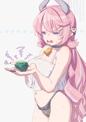 1girl absurdres bare_shoulders bell black_choker black_panties breasts choker cleavage cowbell cropped_shirt ear_piercing food goshichi_shoji highres holding holding_food holding_vegetable horns large_breasts navel original panties piercing pink_hair pointy_ears purple_eyes shirt sleeveless sleeveless_shirt underwear vegetable white_shirt