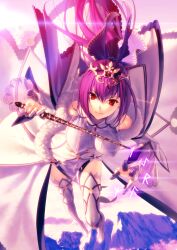 1girl bare_shoulders boots bow breasts closed_mouth dress fate/grand_order fate_(series) finger_cots flying foreshortening full_body futhark hair_bow high_ponytail holding holding_wand impossible_clothes impossible_dress koyama_hirokazu layered_sleeves long_dress long_hair long_sleeves looking_at_viewer magic medium_breasts mountain official_art pelvic_curtain ponytail purple_boots purple_bow purple_dress purple_hair purple_theme red_eyes runes scathach_(fate) scathach_skadi_(fate) scathach_skadi_(third_ascension)_(fate) sidelocks smile solo thigh_boots third-party_source v-bangs wand