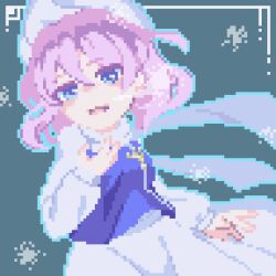1girl black_background blue_eyes commentary_request futsu_nomal hat highres lapel_pin letty_whiterock long_sleeves looking_at_viewer open_mouth pixel_art purple_hair scarf short_hair simple_background skirt solo touhou white_hat white_skirt