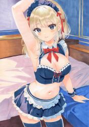 1girl absurdres arm_support arm_up armpits blonde_hair blue_eyes blue_headdress blue_skirt blue_thighhighs blush bow bowtie breasts cleavage cleavage_cutout closed_mouth clothing_cutout collar collared_shirt colorful commentary_request cowboy_shot crop_top frilled_shirt frilled_skirt frills hair_ribbon highres hiro_(dolche-101-hiro) indoors large_breasts long_hair looking_at_viewer maid maid_headdress marker_(medium) miniskirt navel original pleated_skirt presenting_armpit red_bow red_bowtie red_ribbon ribbon shirt skirt solo standing stomach thighhighs traditional_media white_collar wing_collar zettai_ryouiki