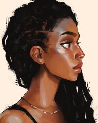 Rule 34 | aegyo sal, art study, black eyes, black hair, brown eyes, dark-skinned female, dark skin, dreadlocks, earrings, expressionless, from side, hair over shoulder, highres, jewelry, necklace, original, pink lips, portrait, sam yang, spaghetti strap, stud earrings