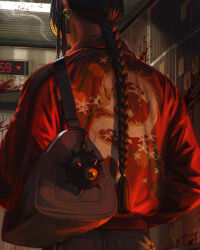 1girl bag black_hair black_shorts blood braid earrings elevator facing_away from_behind guweiz highres indoors jacket jewelry long_hair original red_jacket shorts single_braid smoke solo spike_ball very_long_hair