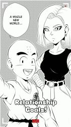 1boy 1girl android_18 animated bald bald_male black_eyes blush couple dragon_ball english_text happy husband_and_wife kuririn muscular muscular_male music singing smile speech_bubble surprised tagme video
