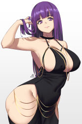 1girl alternate_costume ass bl/ess black_dress breasts cleavage clothes_lift covering_navel dress fern_(sousou_no_frieren) hands_in_hair highres hip_vent in_the_dress_(meme) large_breasts long_hair meme meme_attire modakawa_dress open_clothes open_dress pelvic_curtain pelvic_curtain_lift purple_eyes purple_hair sleeveless sleeveless_dress solo sousou_no_frieren wide_hips
