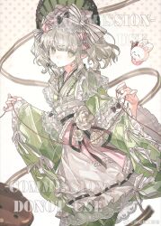 1girl apron bonnet bow dress frills furisode green_kimono hat hat_bow highres japanese_clothes kimono long_sleeves open_mouth original solo tacfigure watermark