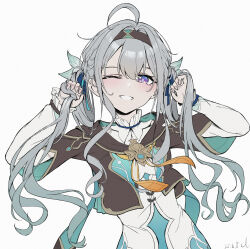 1girl ahoge collared_dress cropped_jacket dated dress firefly_(honkai:_star_rail) gradient_hair grey_hair hair_between_eyes hair_intakes hair_ornament hair_ribbon hairband hands_in_hair highres honkai:_star_rail honkai_(series) long_hair multicolored_hair natsugou_shinogi neckerchief one_eye_closed open_mouth orange_neckerchief ribbon simple_background smile solo teeth twintails white_background white_dress