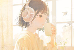 1girl brown_eyes brown_hair collared_shirt cup curtains headphones holding holding_cup indoors lipstick long_sleeves makeup mobile mug nakamura_hinata original parted_lips shirt short_hair signature upper_body white_shirt