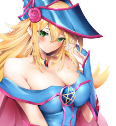 1girl bare_shoulders blonde_hair blue_hat blush breasts brooch cape cleavage closed_mouth commentary dark_magician_girl dress duel_monster green_eyes hair_between_eyes hand_up hat jewelry large_breasts long_bangs long_hair looking_at_viewer off-shoulder_dress off_shoulder pavi pentacle pentagram revision sidelocks simple_background solo upper_body white_background wizard_hat yu-gi-oh!