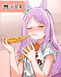 1girl :t absurdres animal_ears baseball_uniform blue_ribbon blush bow closed_eyes closed_mouth commentary_request crying ear_ribbon eating food highres holding holding_food horse_ears long_hair mejiro_mcqueen_(umamusume) pizza pizza_slice purple_hair ribbon shi_(kamokamo910) shirt short_sleeves solo sportswear swept_bangs tears translation_request umamusume upper_body very_long_hair white_shirt